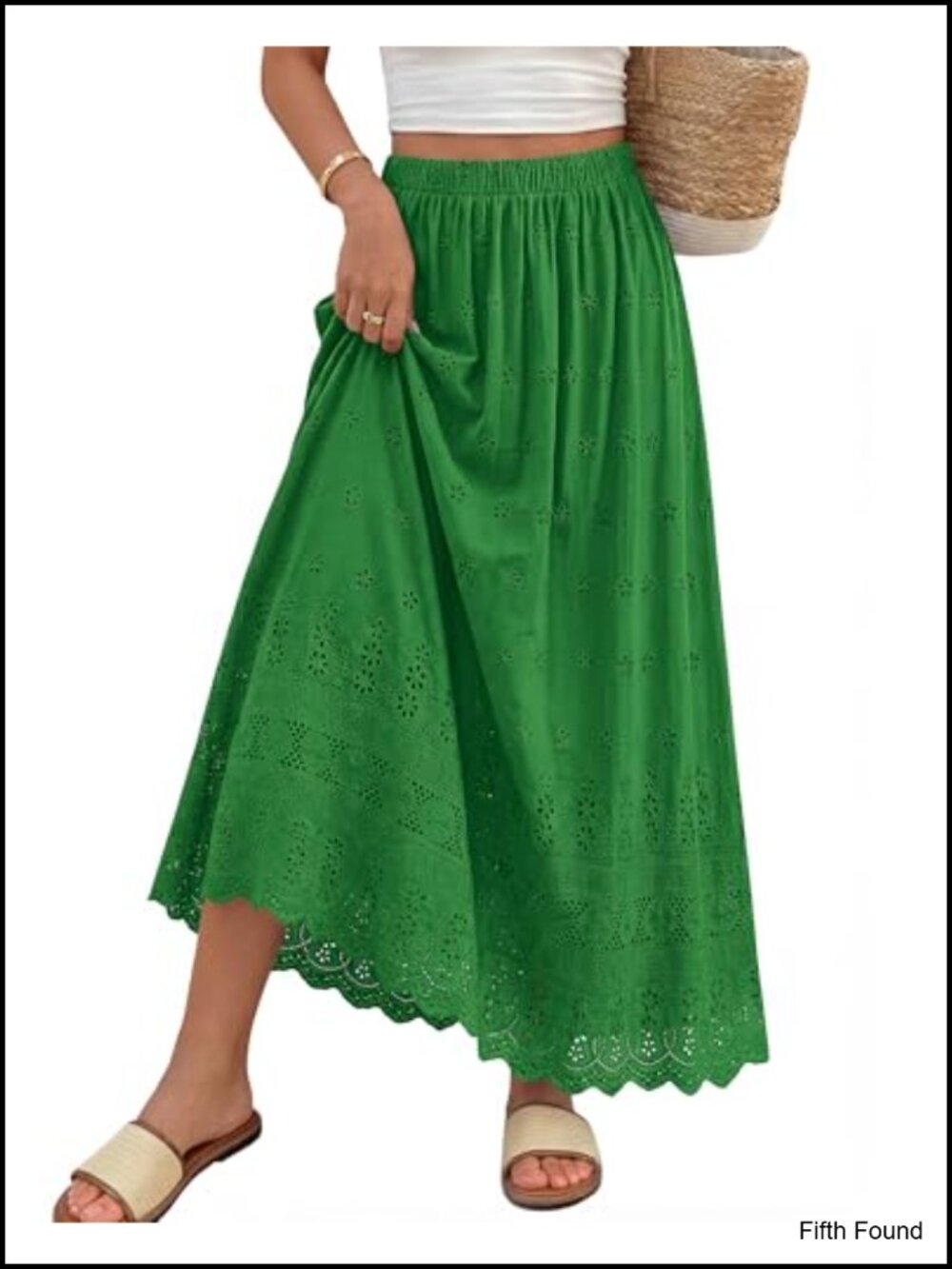 Women Cotton Eyelet Maxi Skirt A-Line High Waist Flowy Boho Beach Vacation
